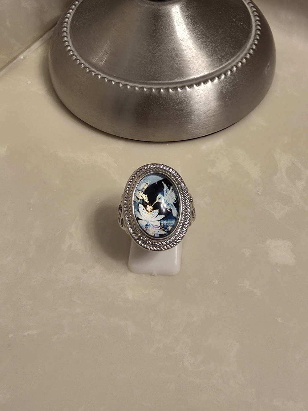 Silver Oval Shaped Hummingbird Ring Size 8